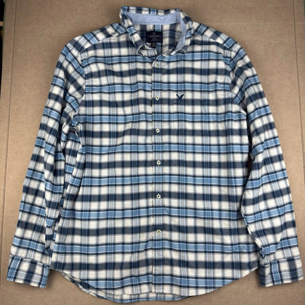 American Eagle Shirt Men XL Blue Plaid Button Down Long Sleeve Classic Fit‎